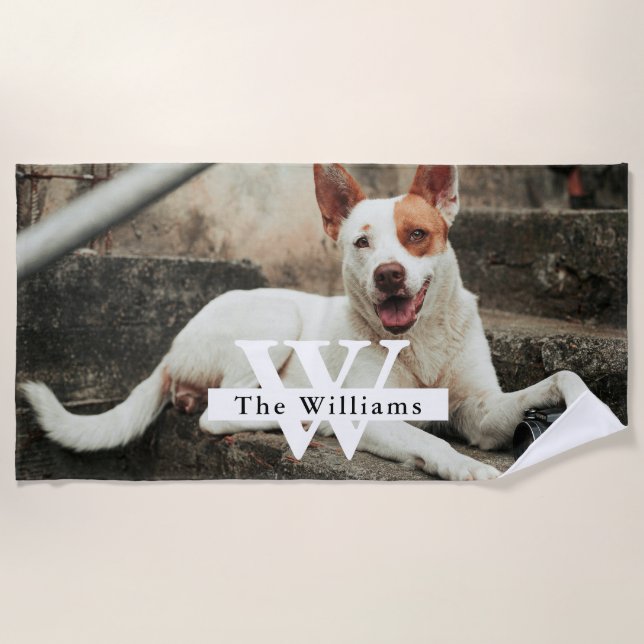 Personalized Dog Photo Family name Beach Towel (Front)