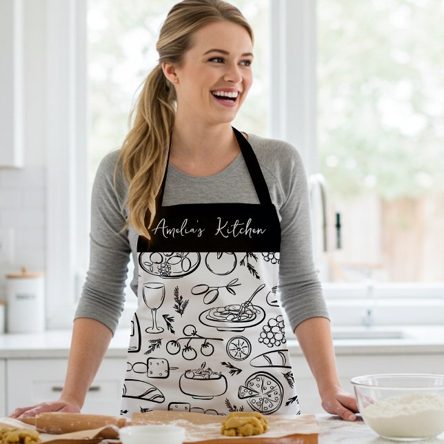 Personalized Dolce Vita Food Pattern Black White Apron (Creator Uploaded)