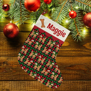 Personalized Doodle Dog Red Green Tan Plaid  Large Christmas Stocking