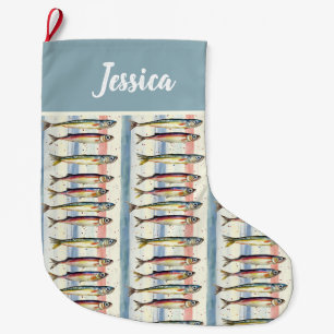 Personalized Double Sided Quirky Sardine Design Large Christmas Stocking
