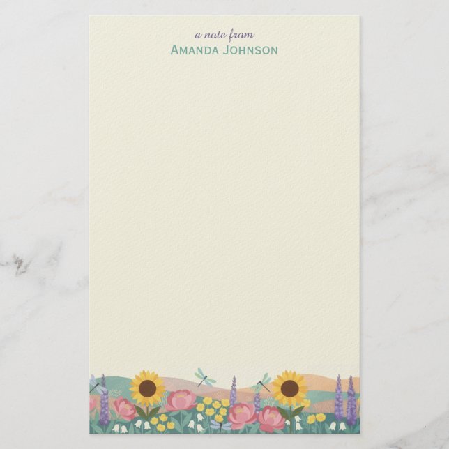 Personalized Dragonfly Flower Field Custom Name Stationery (Front)