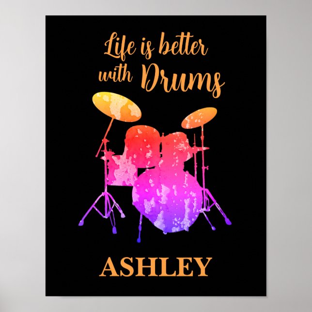 Personalized Drummer Art Drum Kit Drumming Music Poster (Front)