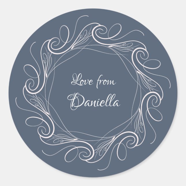 Personalized dusty blue filigree gift label (Front)
