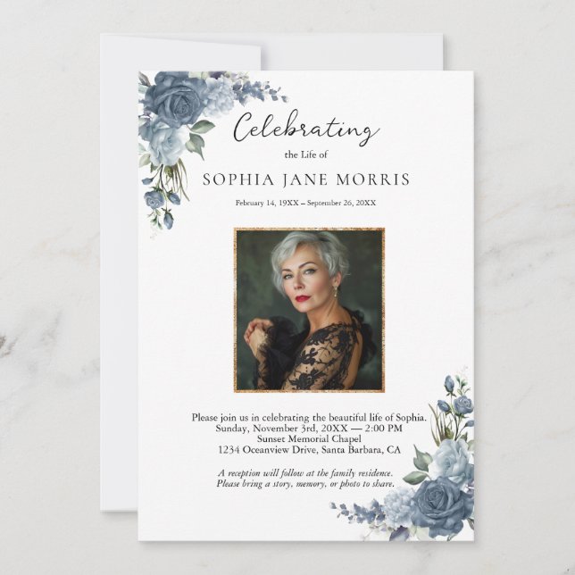 Personalized Dusty Blue Funeral Invitation (Front)