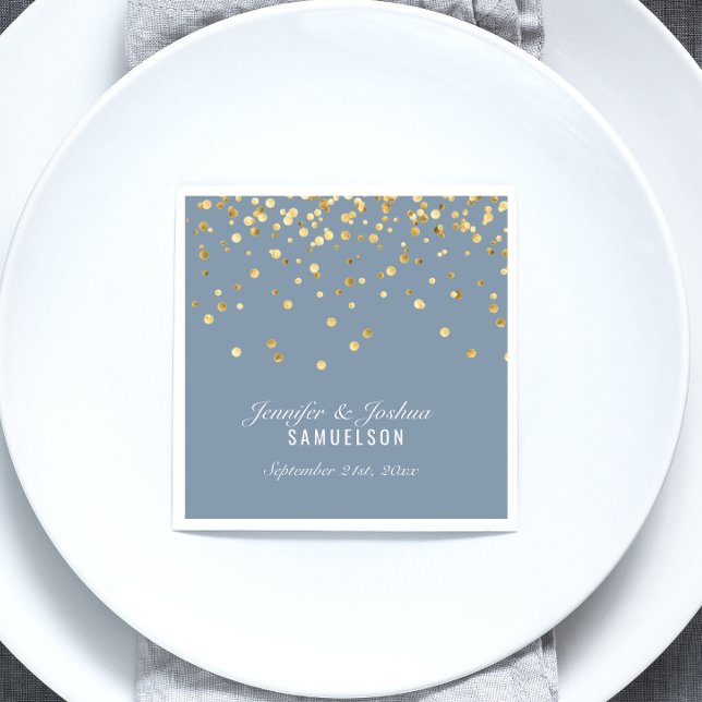 Personalized Dusty BLUE Gold Confetti Wedding Napkin (Creator Uploaded)