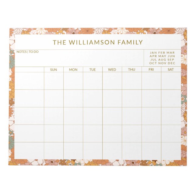 Personalized Earthy Floral Family Planner Calendar Notepad (Front)