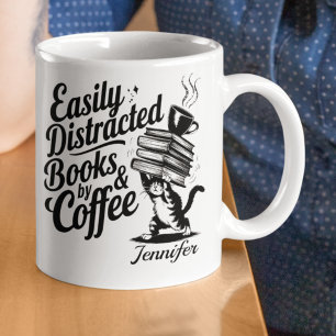 Personalized Easily Distracted By Books & Coffee Mug