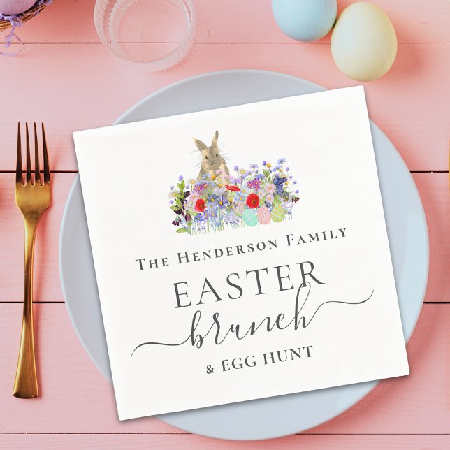 Personalized Easter Brunch and Egg Hunt Bunny Napkin (Elegant script Easter brunch and egg hunt cute bunny spring garden party custom napkins)