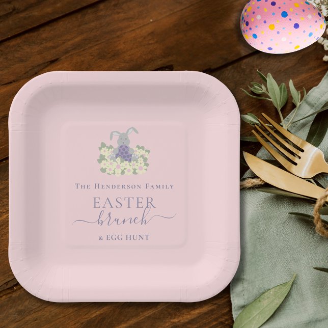 Personalized Easter Brunch and Egg Hunt Pink Paper Plate (Personalized Easter brunch and egg hunt spring party pink paper plate Cute Easter bunny whimsical )