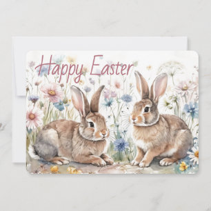 Personalized Easter Bunnies And Floral Watercolor Holiday Card