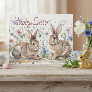 Personalized Easter Bunnies And Floral Watercolor Postcard