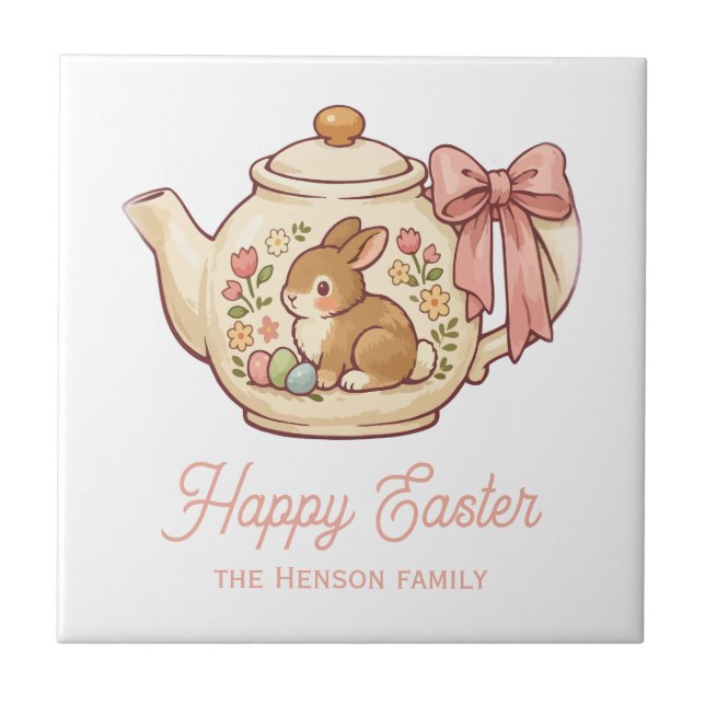 Personalized Easter Bunny Teapot Floral  Tile (Front)