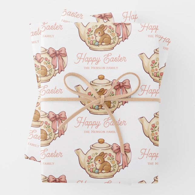 Personalized Easter Bunny Teapot Floral  Wrapping Paper Sheet (In situ)