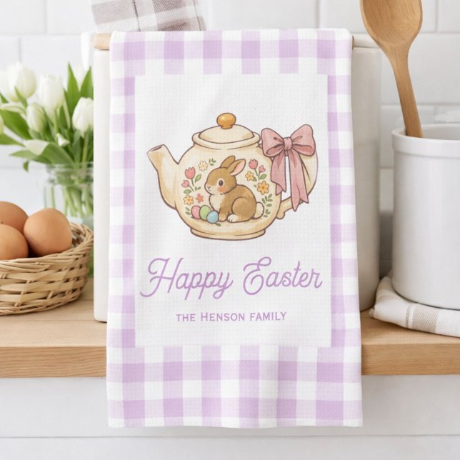 Personalized Easter Bunny Teapot Gingham Family Tea Towel (Creator Uploaded)