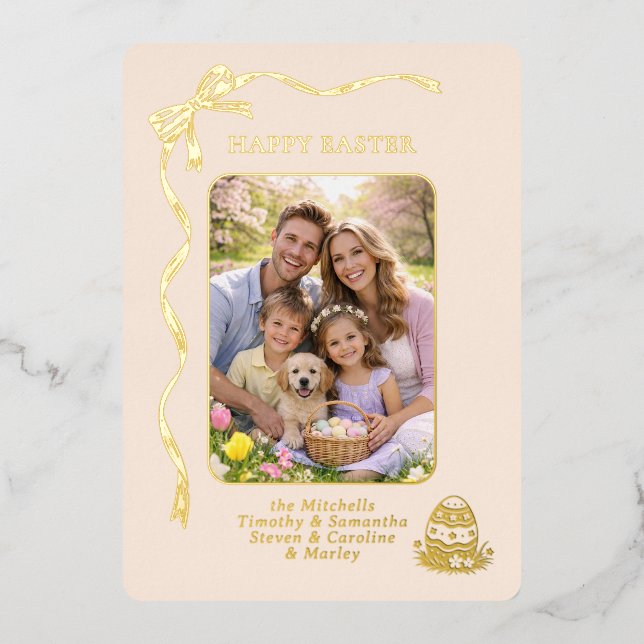 Personalized Easter Family Photo Gold Ribbon Bow Foil Holiday Card (Front)