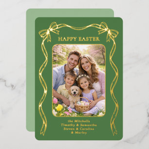 Personalized Easter Family Photo Gold Ribbon Bow Foil Holiday Card