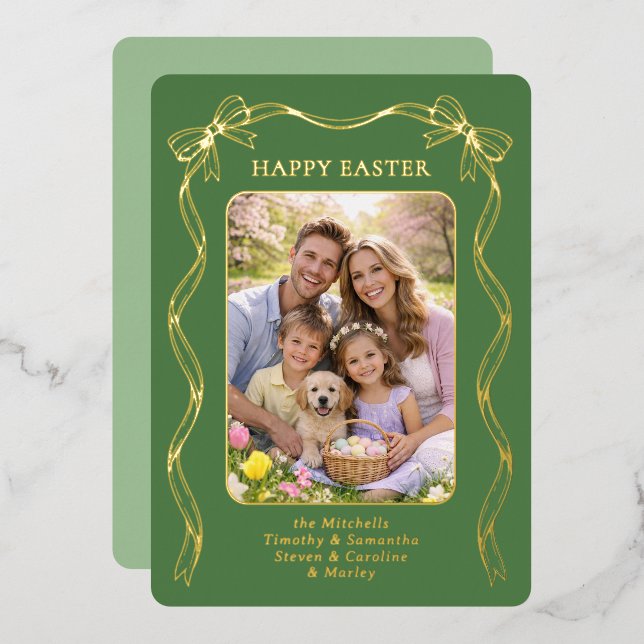 Personalized Easter Family Photo Gold Ribbon Bow Foil Holiday Card (Front/Back)