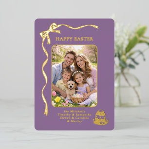 Personalized Easter Family Photo Gold Ribbon Bow Foil Holiday Card