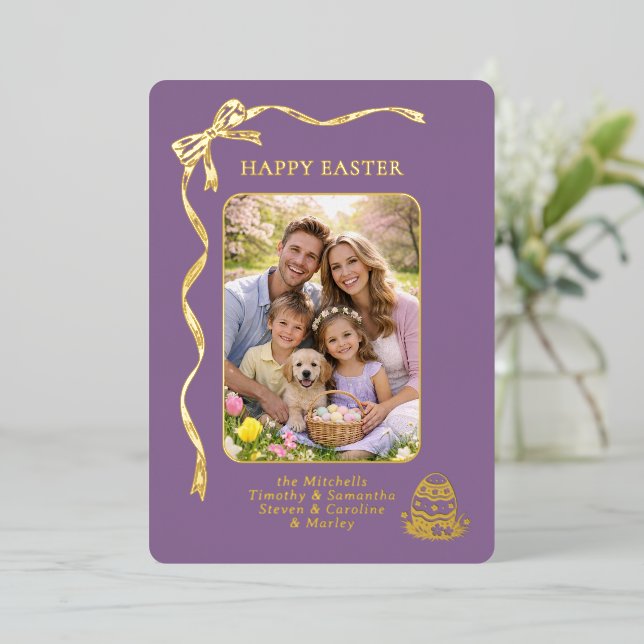 Personalized Easter Family Photo Gold Ribbon Bow Foil Holiday Card (Standing Front)