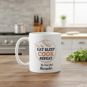 Personalized Eat Sleep Cook Repeat Head Chef Quote Coffee Mug