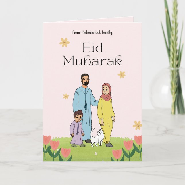Personalized Eid Mubarak Card Muslim Family & Cat (Front)