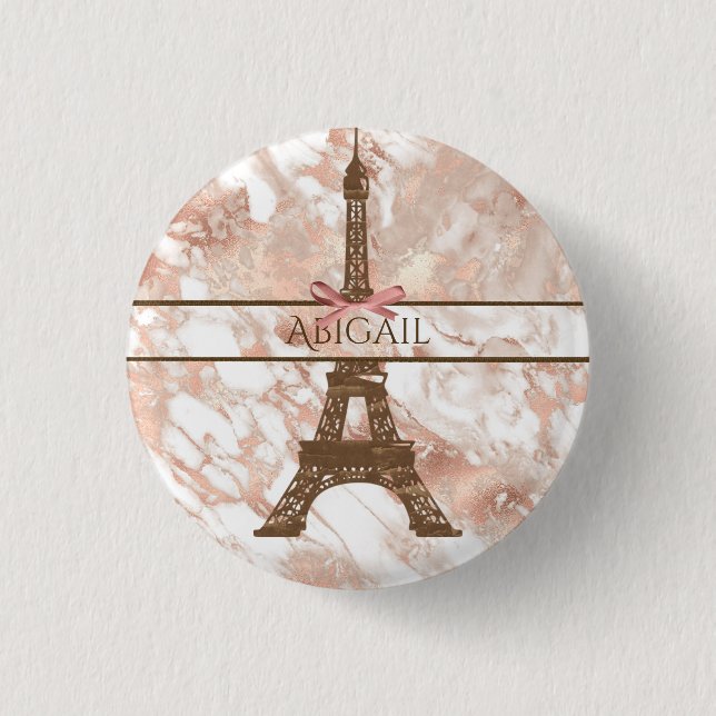 Personalized Eiffel Tower White, Rose Gold Marble 3 Cm Round Badge (Front)