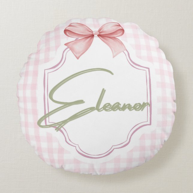 Personalized Eleanor Baby Girl Nursery Gingham  Round Cushion (Front)