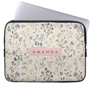 Personalized Elegant Blue & Beige Wildflower Laptop Sleeve