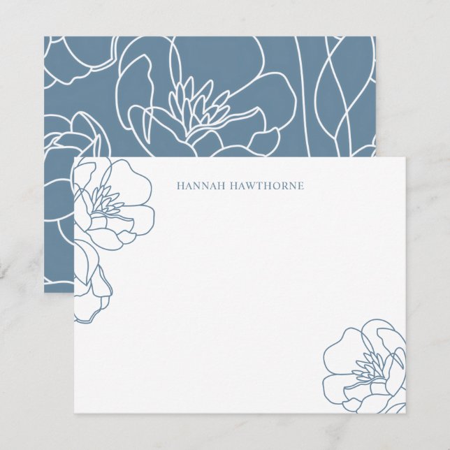 Personalized Elegant Blue Modern Line Art Floral Card (Front/Back)