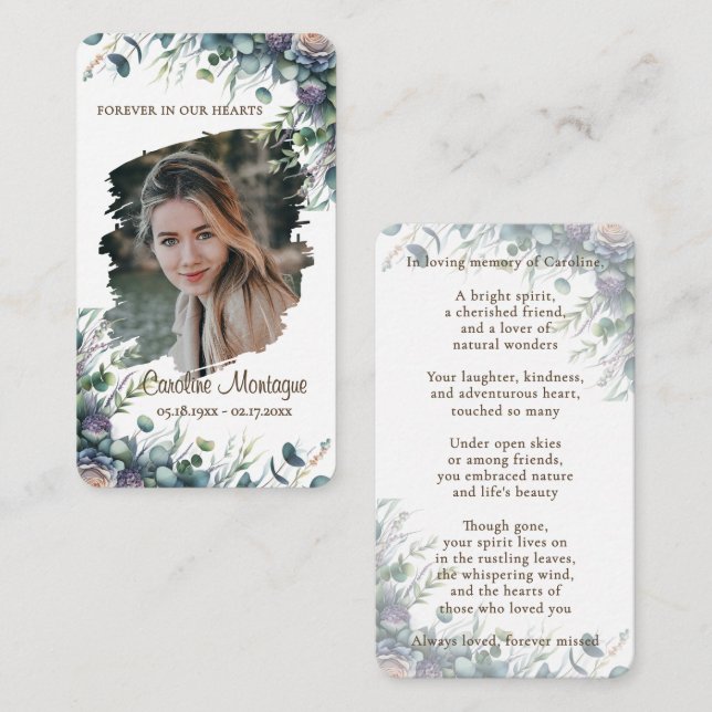 Personalized Elegant Floral Photo Memorial Card (Front/Back)
