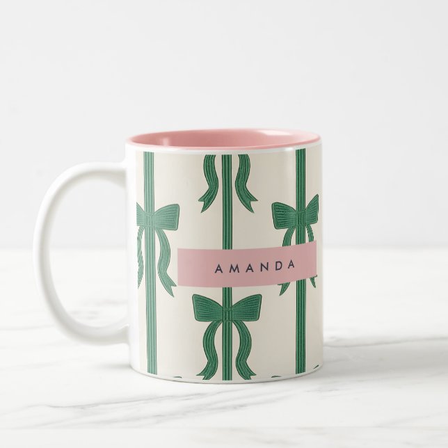 Personalized Elegant Green Ribbon Bow Pattern Two-Tone Coffee Mug (Left)