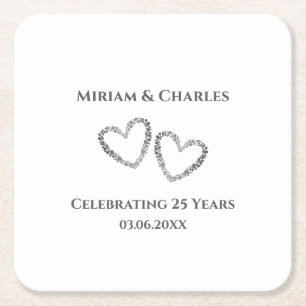 Personalized Elegant Heart Silver 25th Anniversary Square Paper Coaster
