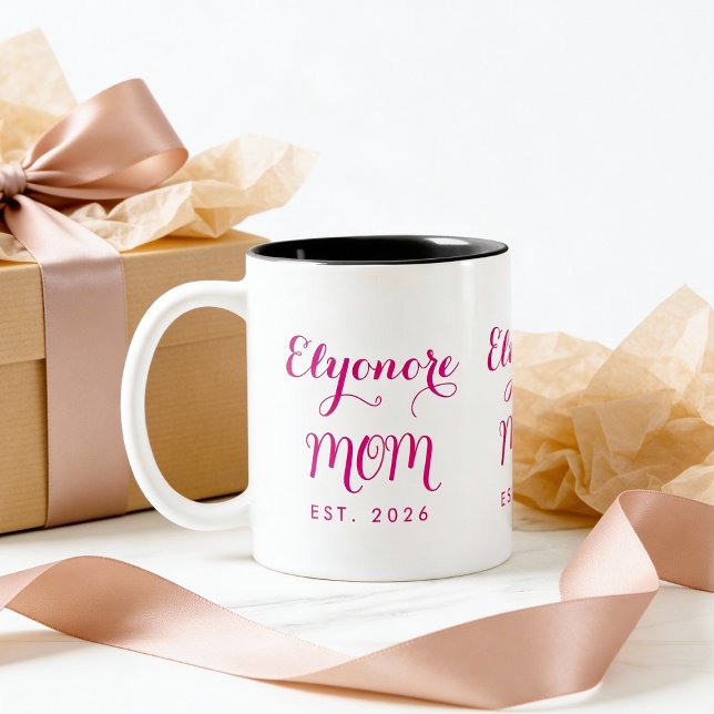 Personalized Elegant New Mom Name Est Pink Script  Two-Tone Coffee Mug (Creator Uploaded)