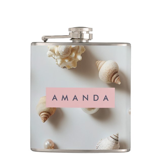 Personalized Elegant Pastel Seashell & Pearl Hip Flask (Front)