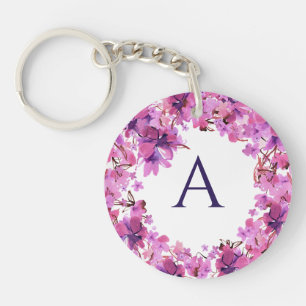 Personalized Elegant Pink Floral Monogram  Key Ring