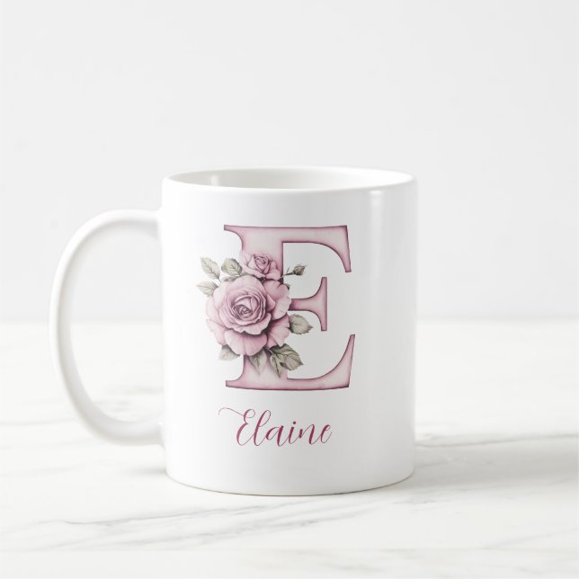 Personalized Elegant Pink Floral Monogram Letter E Coffee Mug (Left)
