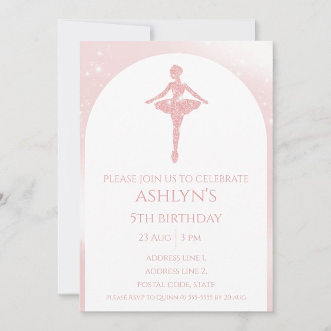 Personalized Elegant Pink Glitter Ballet Birthday Invitation (Front)