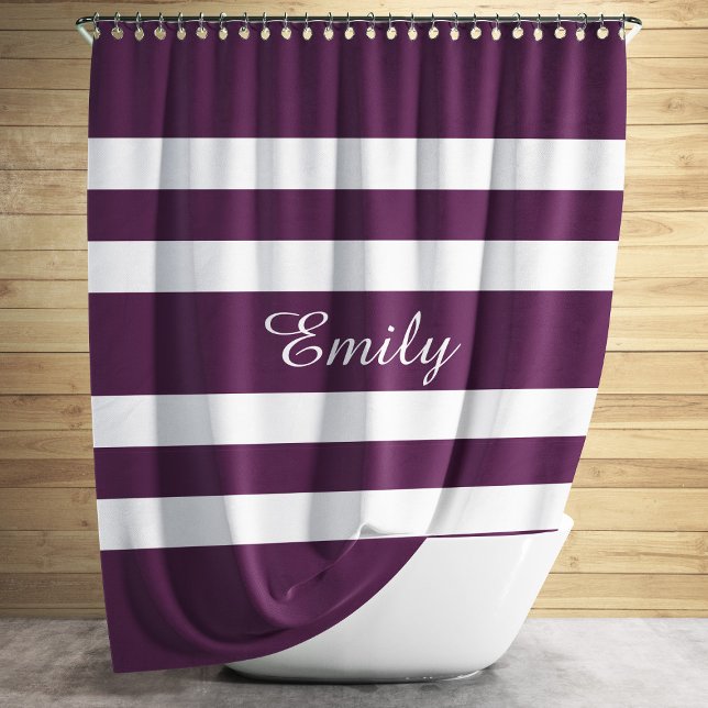 Personalized Elegant Purple White Striped Shower Curtain (Modern Purple Striped Pattern Name Shower Curtain)