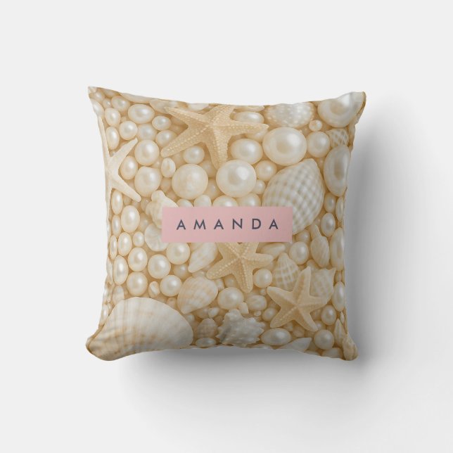 Personalized Elegant Seashell and Pearl Cushion (Front)