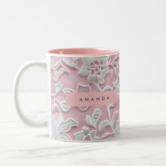 Personalized Elegant Soft Blush Lace Flower Two-Tone Coffee Mug (Left)