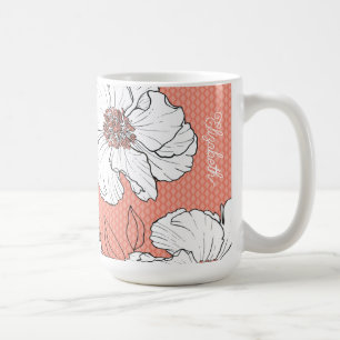Personalized Elegant White Florals on Coral Coffee Mug