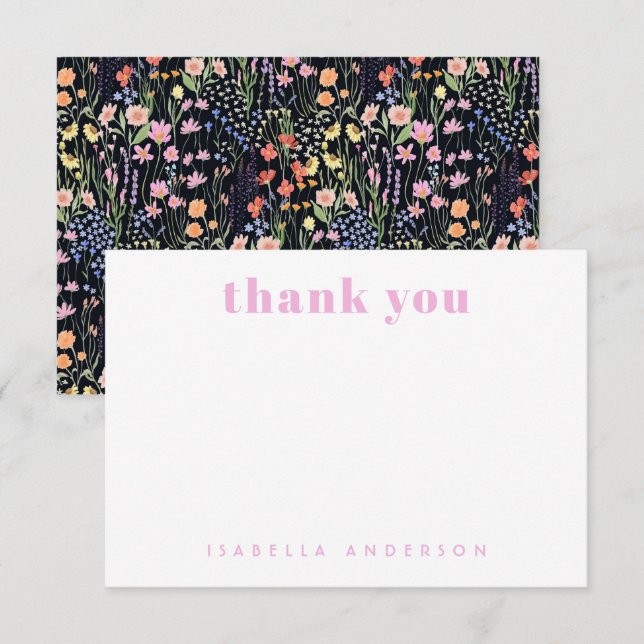 Personalized Elegant Wildflowers Dark Background  Thank You Card (Front/Back)