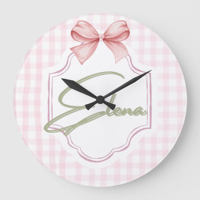 Personalized Elena Baby Girl Nursery Bow&Gingham  Large Clock (Front)