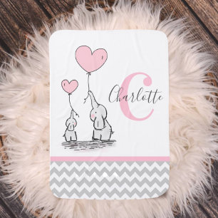 Personalized Elephant Pink Grey Chevron Girl Baby Blanket