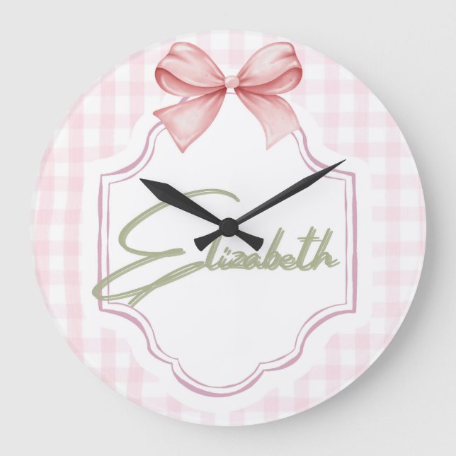 Personalized Elizabeth Baby Girl Nursery Gingham  Large Clock (Front)