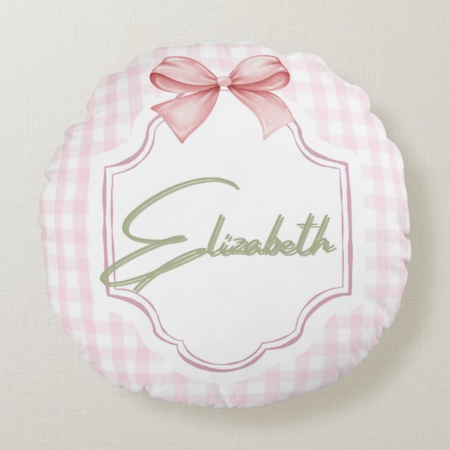 Personalized Elizabeth Baby Girl Nursery Gingham  Round Cushion (Front)
