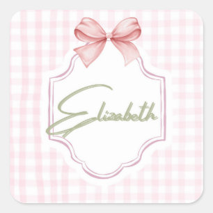Personalized Elizabeth Baby Girl Nursery Gingham  Square Sticker