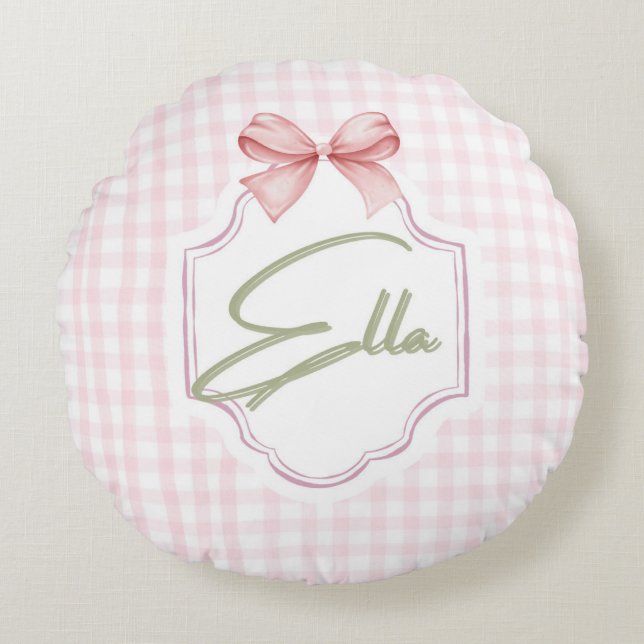 Personalized Ella Baby Girl Nursery Bow&Gingham  Round Cushion (Front)