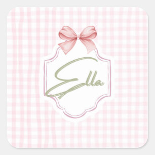 Personalized Ella Baby Girl Nursery Bow&Gingham  Square Sticker