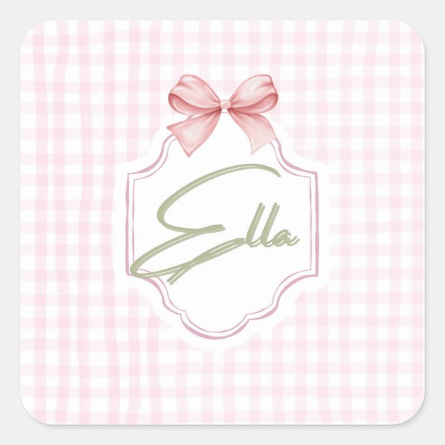Personalized Ella Baby Girl Nursery Bow&Gingham  Square Sticker (Front)